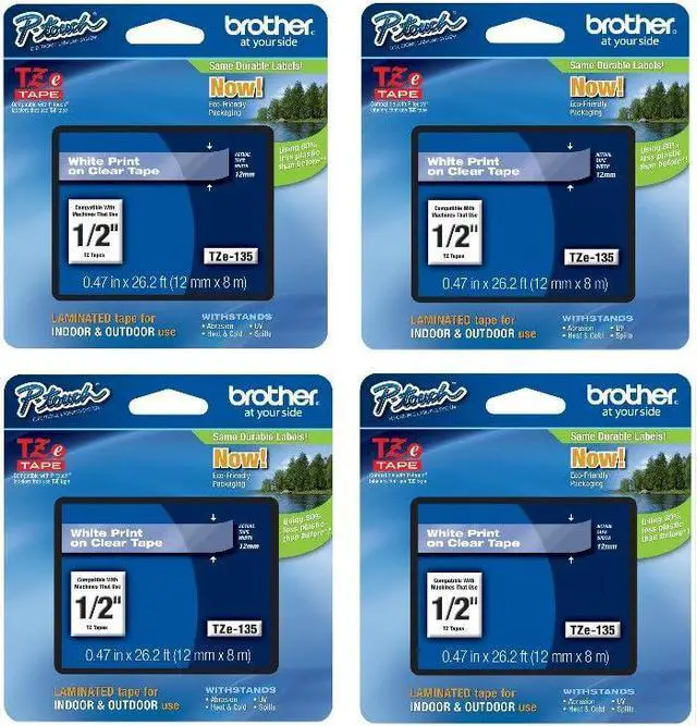 Main image of Brother Genuine TZe-135 1/2" White on Clear Standard Laminated Tape for P-Touch Labeler, 4 Pack