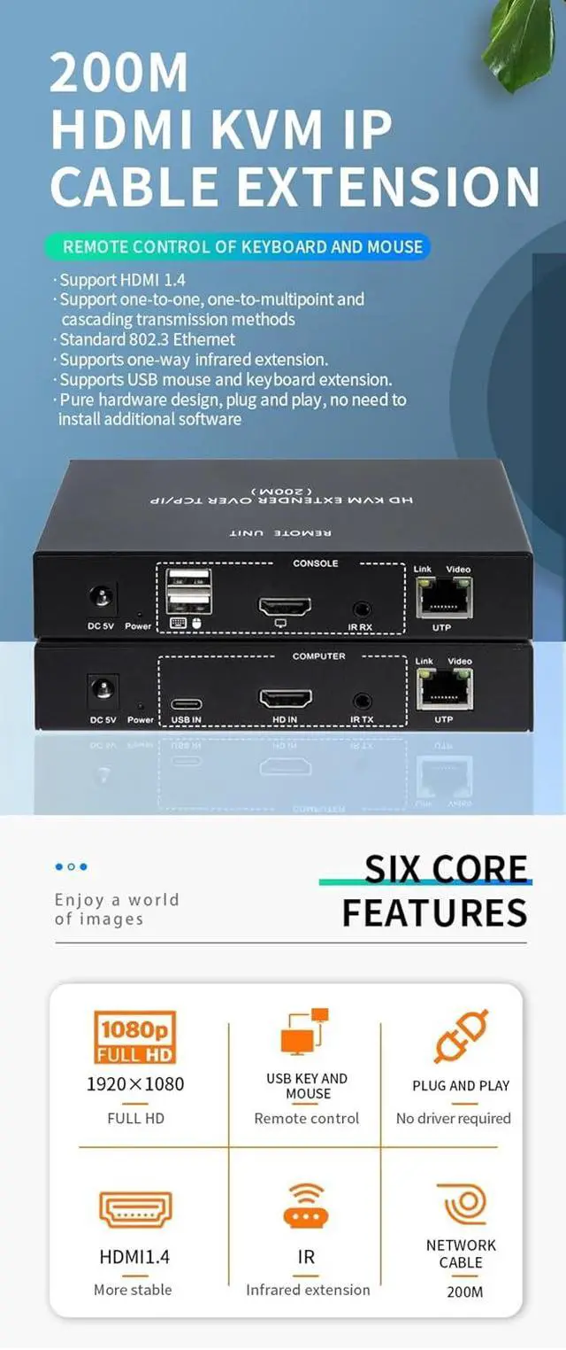 Alt view image 2 of 7 - HD KVM Network Cable 200M TCP/IP Extender, CAT5E/6 Network Cable 1080P HDMI/DVI Transmission Plug and Play TCP/IP Cross-Device Control Supports One-to-One and One-to-Many