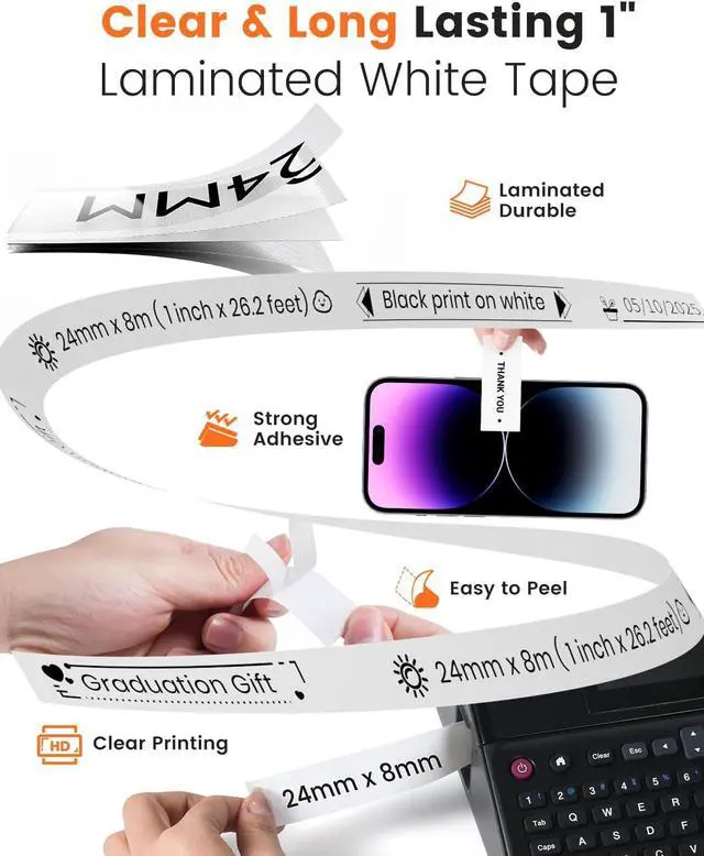 Alt view image 4 of 7 - 13-Pack Compatible with P Touch 24mm 0.94/~1 Label Maker Tape TZ-251 Laminated White Refill for PT-D600 PT-D610BT PT-700