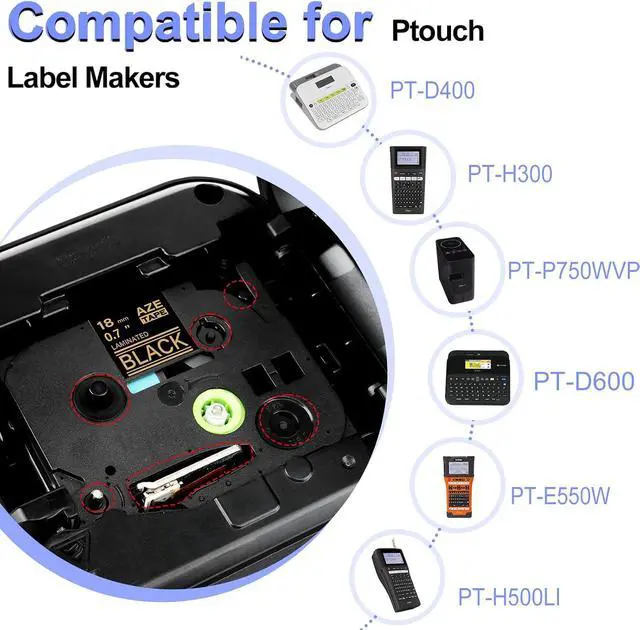 Alt view image 4 of 7 - 40 Pack Compatible for Ptouch TZe344 TZ344 Label Maker Tape 18mm 0.7 Inch Gold on Black Laminated TZe-344 TZ-344 TZe TZ Label Tape for PT-2310 PT-2400 PT-2410 PT-2470 PT-2500PC