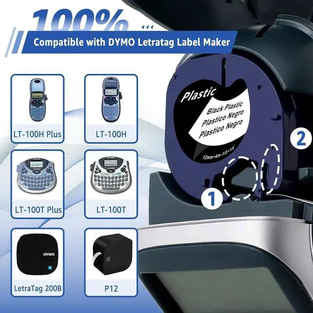 Alt view image 3 of 7 - 40 Pack Compatible for Dymo Label Maker Refills 913318 White on Black Plastic Label Maker Tape 12mm x 4m (1/2" x 13') for Dymo Letra Tag Refills 200B LT100H LT100T LT110T