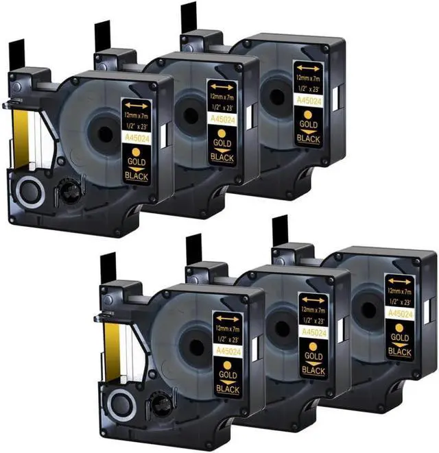 Main image of 6-Pack 12mm on Black Label Tapes Compatible with LabelManager 210D 280 360D 420P 450D and Similar Label Makers