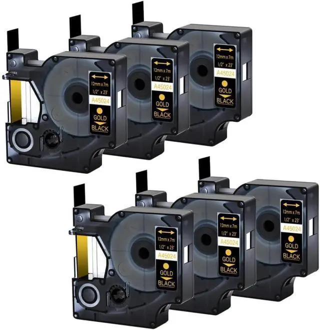 Main image of 6-Pack 12mm on Black Label Tapes Compatible with LabelManager 210D 280 360D 420P 450D and Similar Label Makers