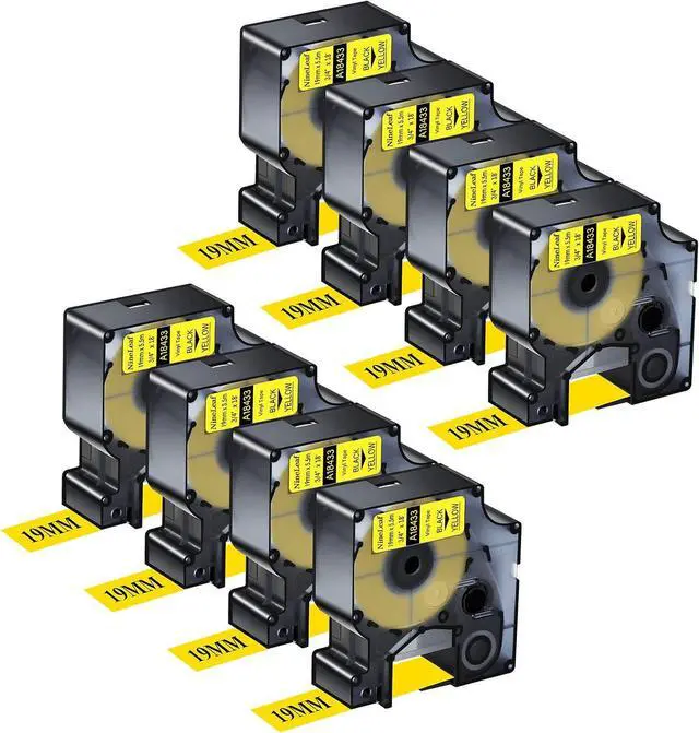 Main image of NineLeaf 8 Pack Compatible Industrial Tape Replacement for DYMO Rhino 18433 Black on Yellow 19mm Permanent Vinyl Label Tapes 3/4" x 18' for Rhino 5200 4200 5000 6000 Label Makers