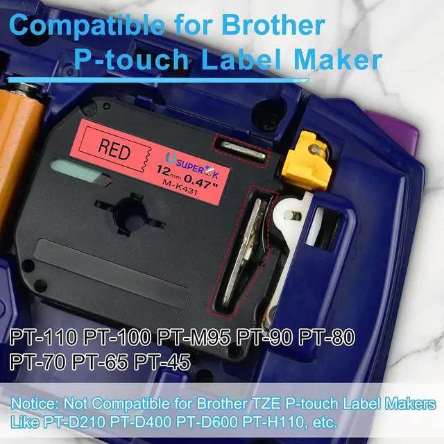 Alt view image 4 of 7 - 40 Pack Compatible for Brother P Touch M Tape M-K431 MK431 M431 M-431 12mm 1/2 Inch 0.47'' Red Label Tape for PT-45M PT-55BM PT-55S PT-65 PT-65SB Label Maker Tape Black on Red