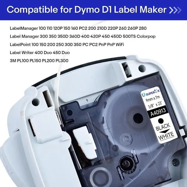 Alt view image 5 of 7 - 40 Pack Compatible for Dymo D1 Label Tape 40913 41913 S0720680 Refill Black on White 3/8 inch x 23 feet Labeler for LabelManager PnP 160 210D 260P 280 360D 420P 450D ColorPop Label Maker