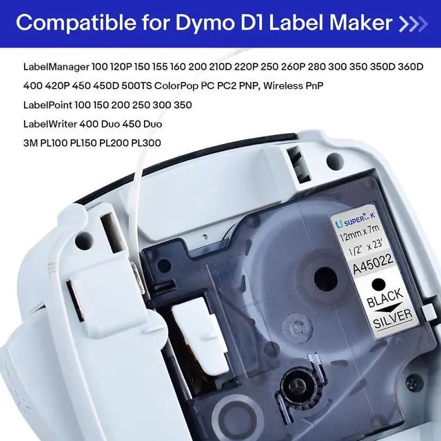 Alt view image 6 of 7 - 40 Pack Compatible for Dymo D1 Label Tape 45022 Refill Black on Silver 1/2 inch x 23 feet Labeling Tape for LabelManager PnP 160 210D 260P 280 360D 420P 450D ColorPop Label Maker