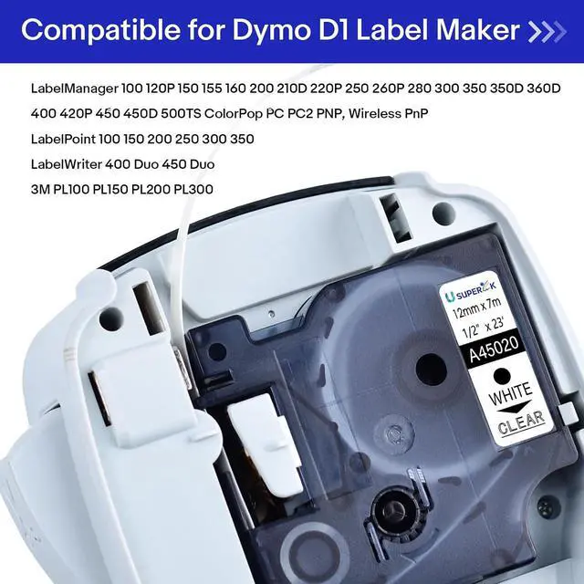 Alt view image 6 of 7 - 40 Pack Compatible for Dymo D1 Label Tape 45020 S0720600 Refill White on Clear 1/2 inch x 23 feet Labeling Tape for LabelManager PnP 160 210D 260P 280 360D 420P 450D ColorPop Label Maker