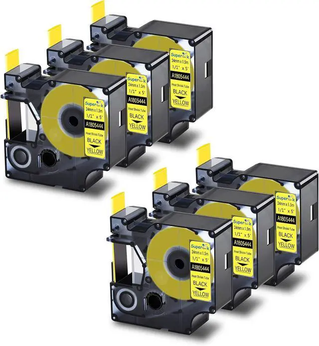Main image of 6 Pack Compatible Labels Tape Replacement for DYMO 1805444 24mm 1" x 5ft Black on Yellow Heat Shrink Tube Labels for Cables Use with Rhino 6000 6500 Industrial Label Maker