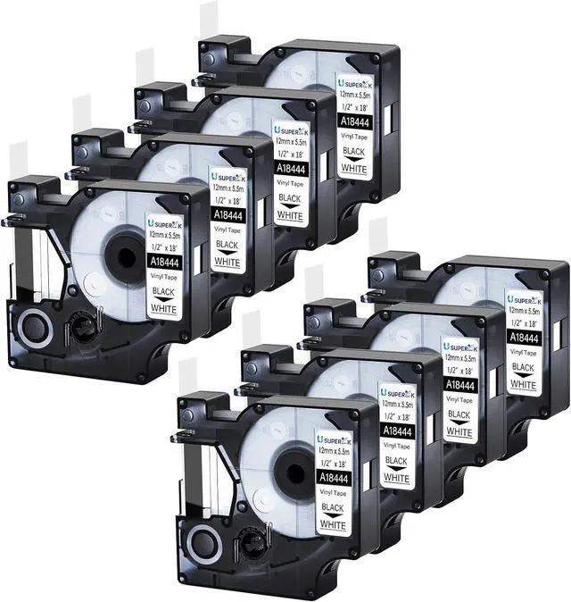 Main image of 8 Pack Compatible Label Tapes Replacement for DYMO 18444 IND Permanent Vinyl Tapes for Rhino 1000 3000 4200 5200 5000 6000 Industrial Label Maker Black on White 1/2 inch x 18 Feet