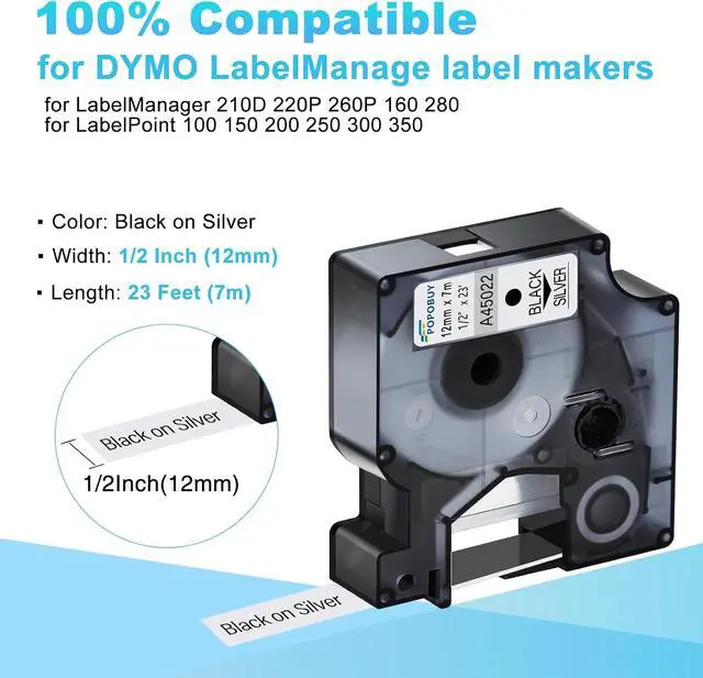 Alt view image 2 of 6 - 40 Pack Compatible for DYMO D1 Label Maker Refills A45022 S0720620 Black on Silver Label Tape 45022, 1/2 Inch x 23 Ft, for LabelManager 210D 220P 260P 160 280 420P 360D 450 COLORPOP PnP LP250