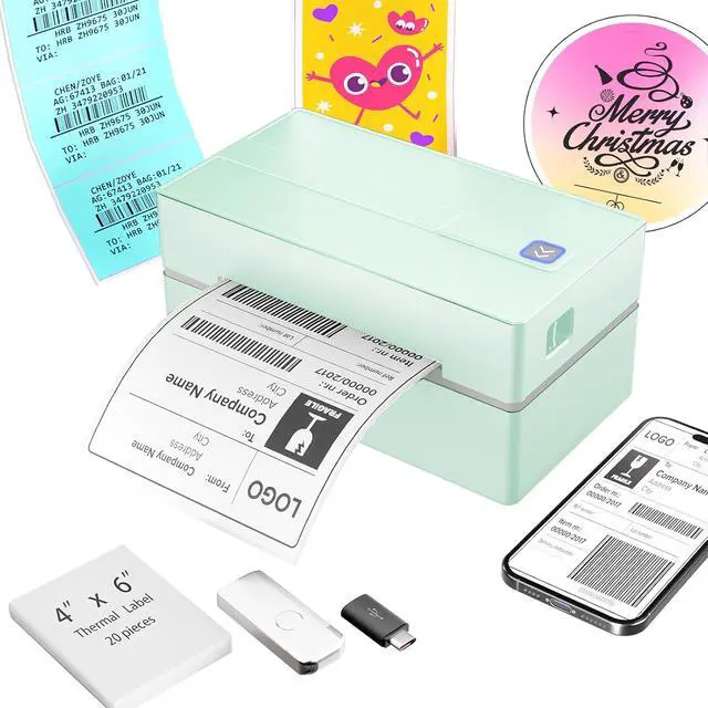 Alt view image 2 of 7 - Bluetooth Thermal Shipping Label Printer (Green) + Thermal Direct Shipping Labels (Pack of 500 Fan-Fold Labels)