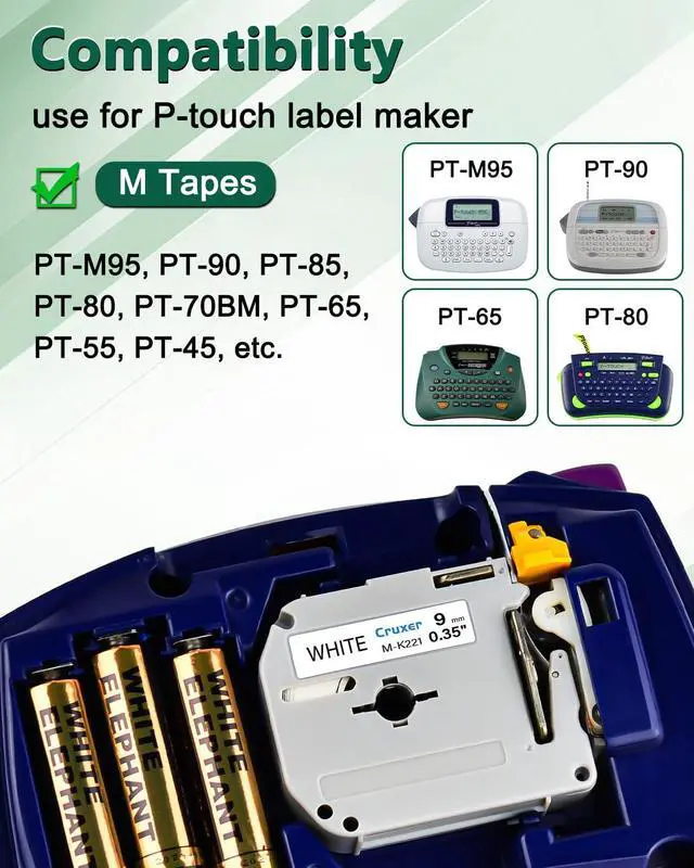 Alt view image 5 of 7 - Cruxer 40 Pack Replacement for P Touch M-K221 MK221 M221 Black on White 9mm 0.35 3/8 M Tape White for Ptouch PT-M95 PT-80 PT-90 PT-70 PT-55 PT-65 PT-85 PT-45 PT-70BM PT-100 Label Maker