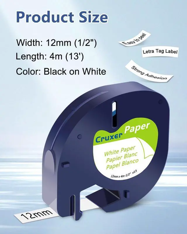 Alt view image 2 of 7 - Cruxer 20 Pack Replacement for 91330 Letra Tag Refills Tape 12mm x 4m (1/2" x 13') Black Letters on White Paper Label Tape Compatible with 200B LT100H LT100T QX50 Label Maker for Home Office School