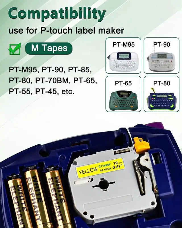 Alt view image 5 of 7 - Cruxer 40 Pack Replacement for P Touch M Tape M-K631 MK631 M631 M-K631s Black on Yellow 12mm 0.47 1/2 for Ptouch PT-M95 PT-80 PT-90 PT-70 PT-65 PT-85 PT-45 PT-70BM Label Maker Refills