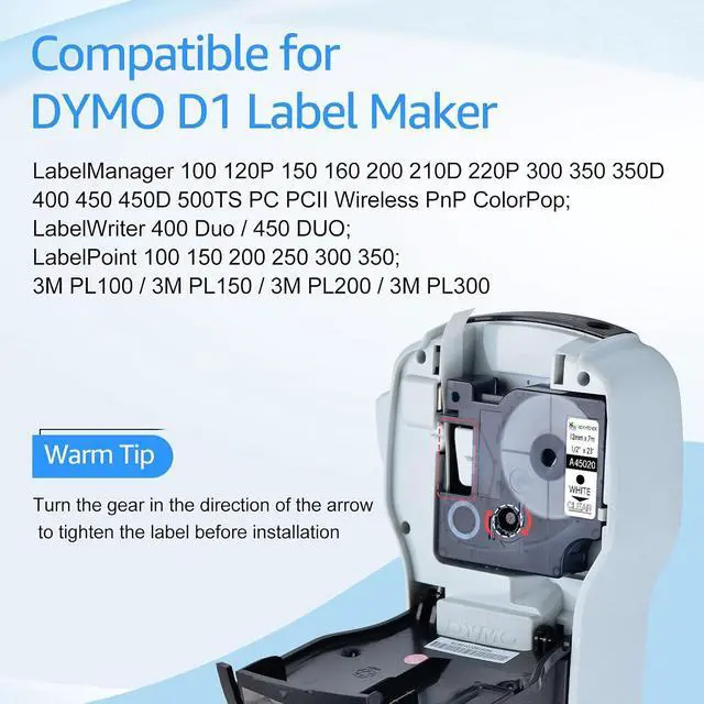 Alt view image 3 of 7 - 40 Pack Compatible for Dymo D1 45020 S0720600 Label Maker Tape White on Clear 1/2 inch x 23 feet Label Tape for LabelManager 100 110 120P 150 160 200 210D 220P 260