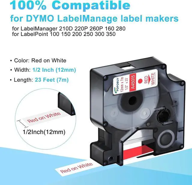 Alt view image 2 of 6 - 40 Pack Compatible for DYMO D1 Label Maker Refills A45015 S0720550 Red on White Label Tape 45015, 1/2 Inch x 23 Ft, for LabelManager 210D 220P 260P 160 280 420P 360D 450 COLORPOP PnP LP250