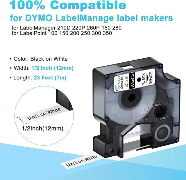 Alt view image 2 of 6 - 40 Pack Compatible for DYMO D1 Label Maker Refills A45013 S0720530 Black on White Label Tape 45013, 1/2 Inch x 23 Ft, for LabelManager 210D 220P 260P 160 280 420P 360D 450 COLORPOP PnP LP250