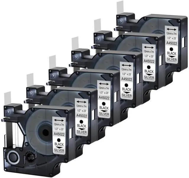Main image of 6 Pack Black On Silver Label Tape Compatible with D1 45022 12mm Suitable LabelManager 160 280 360D 420P 450 450D Label Makers