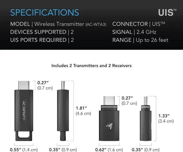 Alt view image 6 of 7 - AC Infinity UIS Wireless 1-to-1 Transmitter and Receiver Two-Pack, Replaces Wired Connector Cords, 26 ft. Max Range, 2.4 Ghz Remote Connection to UIS Devices and Controllers