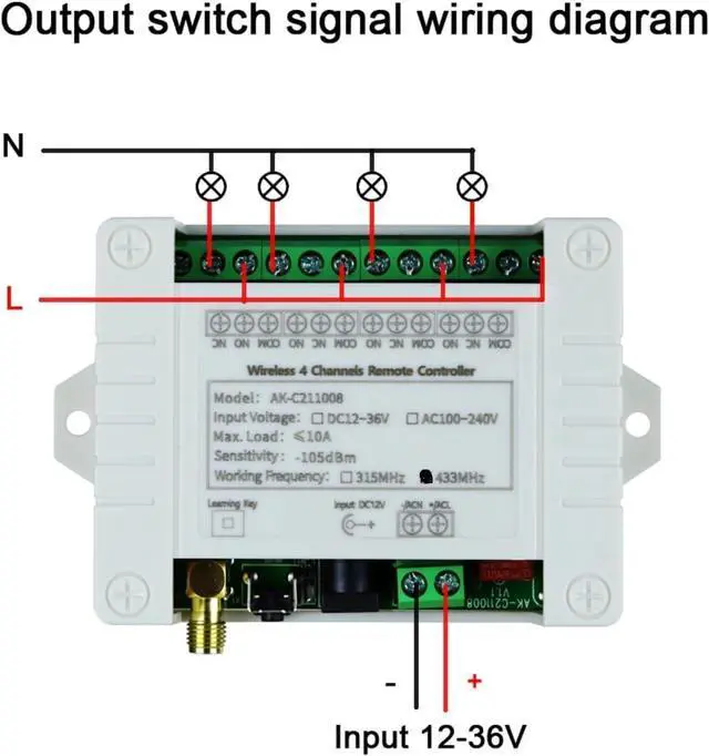Alt view image 3 of 7 - DC 12V 24V 36V Wireless Remote Control Switch 10A 4CH 433Mhz 600ft Long Range Wireless Relay Switch for IndustrialHousehold Control etc