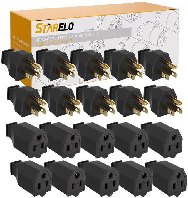Main image of STARELO Extension Cord Ends 125V 15A 2Pole 3Wire Male Plug and Female Connector Straight Blade Plug Replacement Electrical Extension Cord End(Male & Female 10 Set)