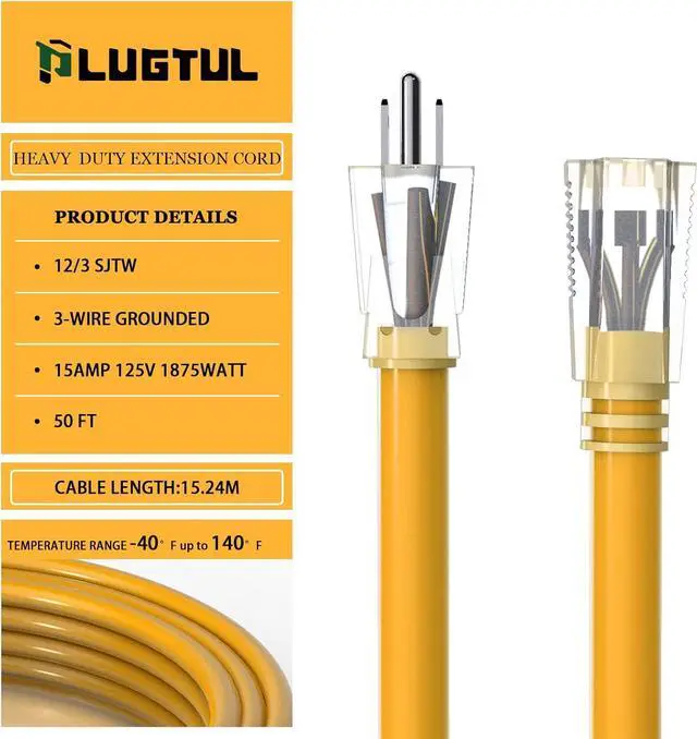 Alt view image 3 of 7 - PLUGTUL 50 FT 12 Gauge Outdoor Extension Cord Waterproof, Heavy Duty SJTW Extension Cord, 15A 1875W, ETL Listed, Great for Garden and Home, Yellow
