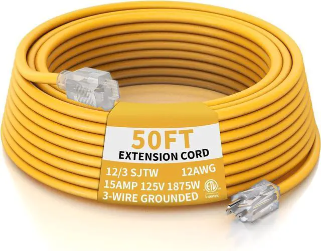 Main image of PLUGTUL 50 FT 12 Gauge Outdoor Extension Cord Waterproof, Heavy Duty SJTW Extension Cord, 15A 1875W, ETL Listed, Great for Garden and Home, Yellow