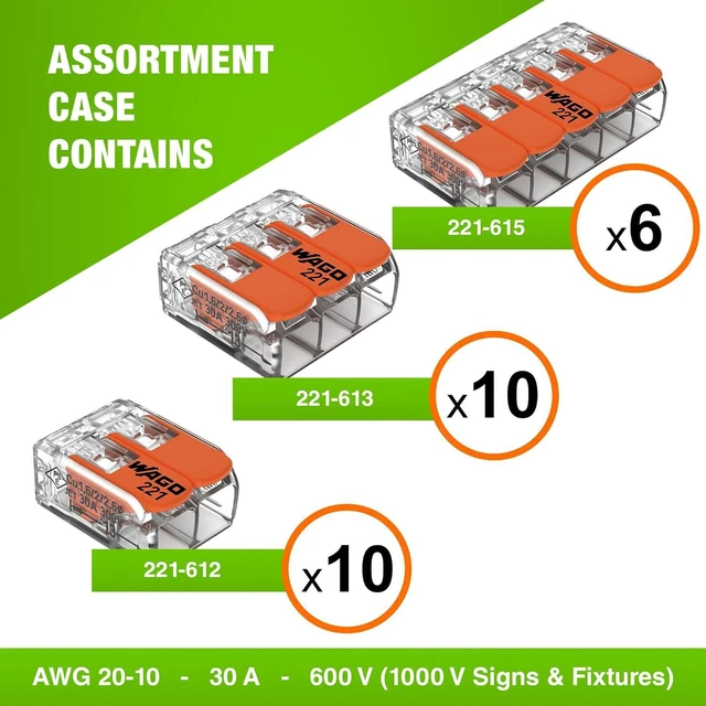 Alt view image 2 of 7 - WAGO 221 Series 26pc 10 AWG Compact Splicing Wire Connectors | Includes (10x 221-612), (10x 221-613), (6X 221-615) | WAGO Wire Connectors | 221 Series 10 AWG Lever Nuts | (2-Port) (3-Port) (5-Port)