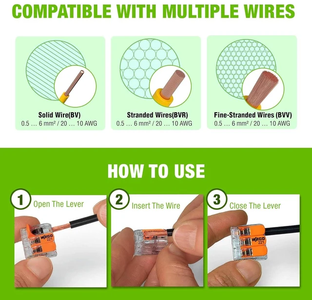 Alt view image 4 of 7 - WAGO 221 Series 26pc 10 AWG Compact Splicing Wire Connectors | Includes (10x 221-612), (10x 221-613), (6X 221-615) | WAGO Wire Connectors | 221 Series 10 AWG Lever Nuts | (2-Port) (3-Port) (5-Port)