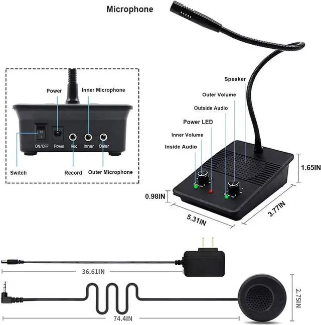Alt view image 5 of 7 - Window Speaker Intercom System Dual-Way Window Counter interphone Anti-Interference Intercommunication Microphone Glass Window Microphone for Business/Bank/Office/Hospital