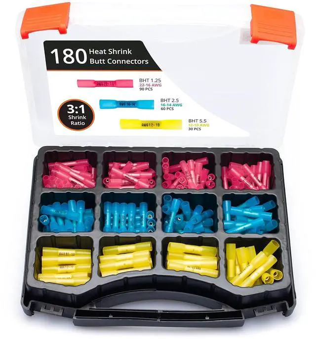 Main image of Wirefy 180 PCS Heat Shrink Butt Connectors Kit - Marine Grade Butt Connectors - Wire Butt Splice Connectors - Electrical Waterproof Heat Shrink Butts - 22-10 AWG