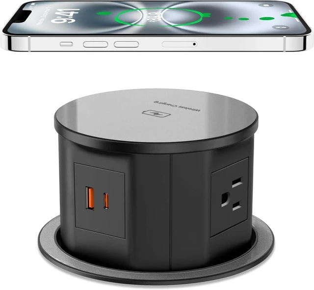 Main image of Pop Up Outlet with 15W Wireless Charger, 4 AC Outlets & PD 20W USB Fast Charging, 4.75 inch Desk Hole Power Grommet Connect 6FT Extension Cord for Office, Conference, Kitchen Use