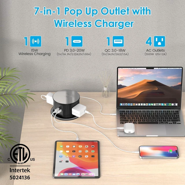 Alt view image 2 of 7 - Pop Up Outlet with 15W Wireless Charger, 4 AC Outlets & PD 20W USB Fast Charging, 4.75 inch Desk Hole Power Grommet Connect 6FT Extension Cord for Office, Conference, Kitchen Use