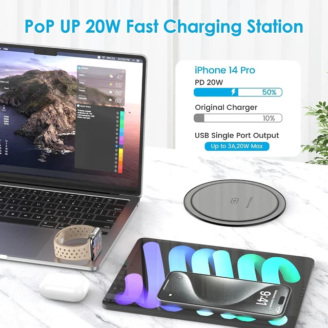 Alt view image 3 of 7 - Pop Up Outlet with 15W Wireless Charger, 4 AC Outlets & PD 20W USB Fast Charging, 4.75 inch Desk Hole Power Grommet Connect 6FT Extension Cord for Office, Conference, Kitchen Use