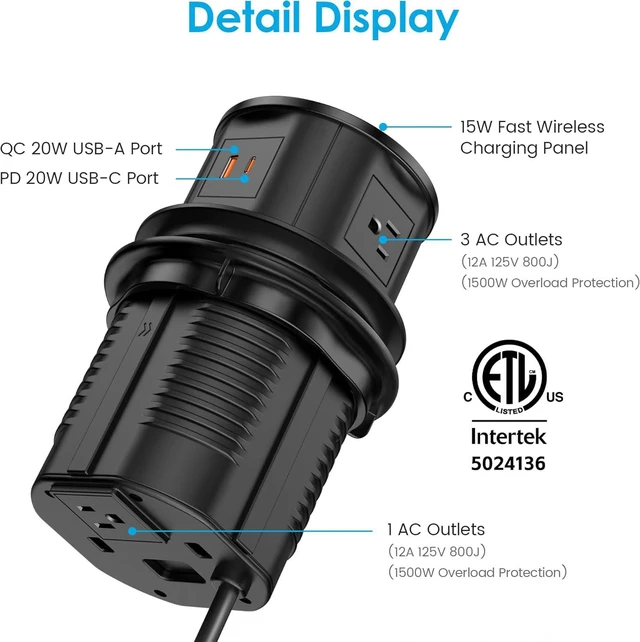 Alt view image 6 of 7 - Pop Up Outlet with 15W Wireless Charger, 4 AC Outlets & PD 20W USB Fast Charging, 4.75 inch Desk Hole Power Grommet Connect 6FT Extension Cord for Office, Conference, Kitchen Use