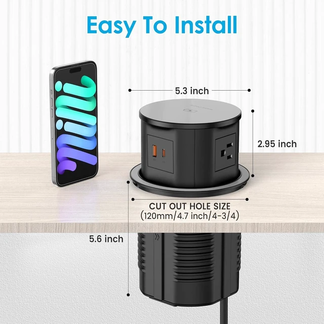 Alt view image 7 of 7 - Pop Up Outlet with 15W Wireless Charger, 4 AC Outlets & PD 20W USB Fast Charging, 4.75 inch Desk Hole Power Grommet Connect 6FT Extension Cord for Office, Conference, Kitchen Use
