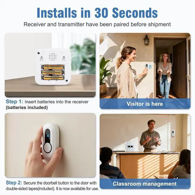 Alt view image 5 of 7 - DAYTECH Wireless Doorbell Door Bell Ringer Battery Operated Door Chime with 20 Chimes 5 Volume Levels Portable Doorbells for Home/Business/Office Entrance, 2 Push Buttons 2 Receivers