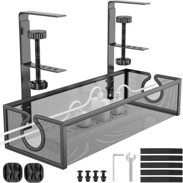 Main image of REFLYING Under Desk Cable Management Tray, Metal Long Arms(3.9in), No Drill Mesh Desk Cable Tray, Wire Management Tray Cable Management Box for Office, Desk Cable Tray Wire Organizer, 1 Pack, Black
