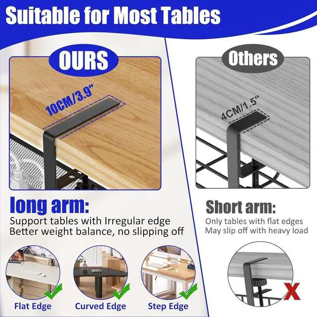 Alt view image 2 of 7 - REFLYING Under Desk Cable Management Tray, Metal Long Arms(3.9in), No Drill Mesh Desk Cable Tray, Wire Management Tray Cable Management Box for Office, Desk Cable Tray Wire Organizer, 1 Pack, Black
