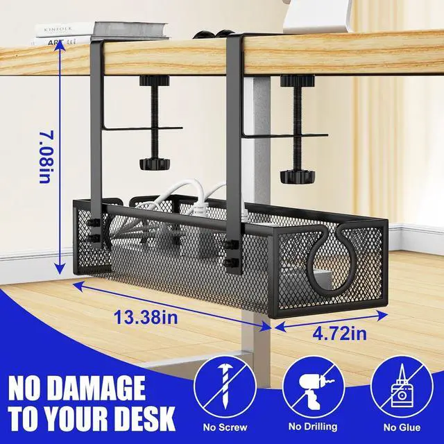 Alt view image 5 of 7 - REFLYING Under Desk Cable Management Tray, Metal Long Arms(3.9in), No Drill Mesh Desk Cable Tray, Wire Management Tray Cable Management Box for Office, Desk Cable Tray Wire Organizer, 1 Pack, Black