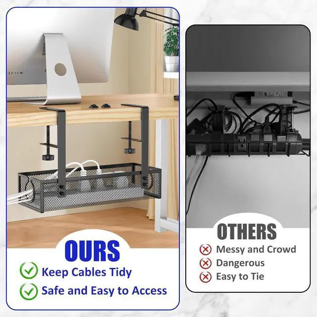 Alt view image 7 of 7 - REFLYING Under Desk Cable Management Tray, Metal Long Arms(3.9in), No Drill Mesh Desk Cable Tray, Wire Management Tray Cable Management Box for Office, Desk Cable Tray Wire Organizer, 1 Pack, Black