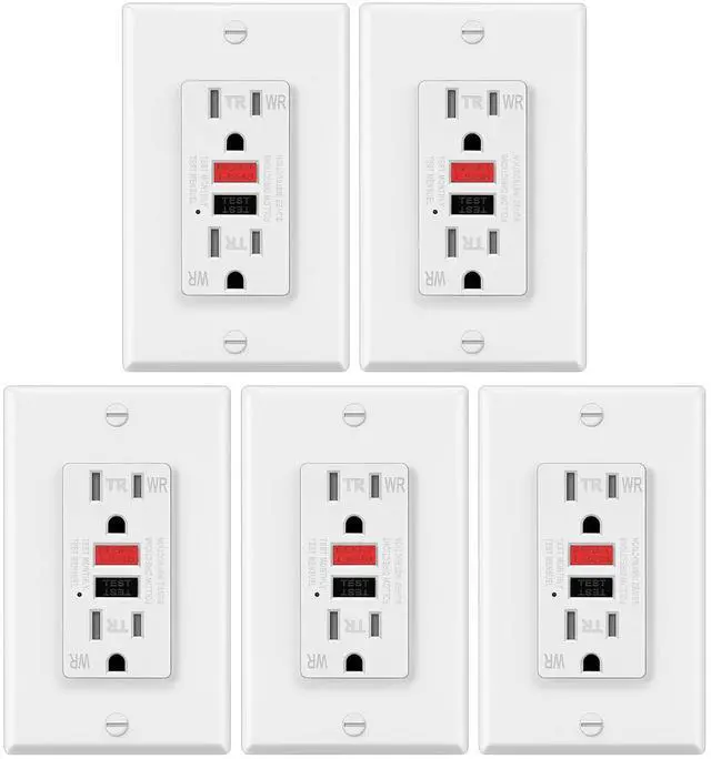 Main image of ELECTECK 5 Pack GFCI Outlets 15 Amp, Outdoor Weather Resistant (WR), Decor GFI Receptacles with LED Indicator, Ground Fault Circuit Interrupter, Wallplate Included, ETL Certified, Black/Red Button