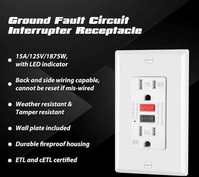 Alt view image 2 of 7 - ELECTECK 5 Pack GFCI Outlets 15 Amp, Outdoor Weather Resistant (WR), Decor GFI Receptacles with LED Indicator, Ground Fault Circuit Interrupter, Wallplate Included, ETL Certified, Black/Red Button