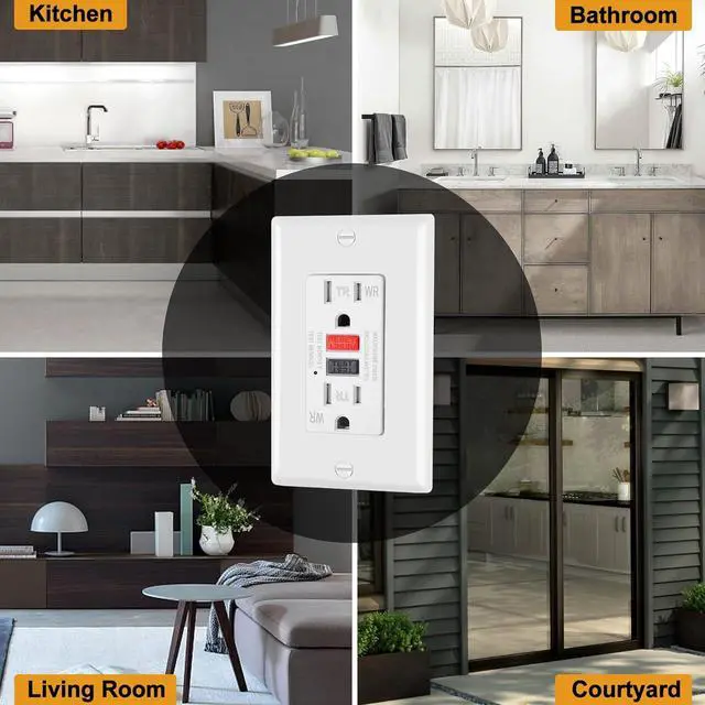 Alt view image 4 of 7 - ELECTECK 5 Pack GFCI Outlets 15 Amp, Outdoor Weather Resistant (WR), Decor GFI Receptacles with LED Indicator, Ground Fault Circuit Interrupter, Wallplate Included, ETL Certified, Black/Red Button