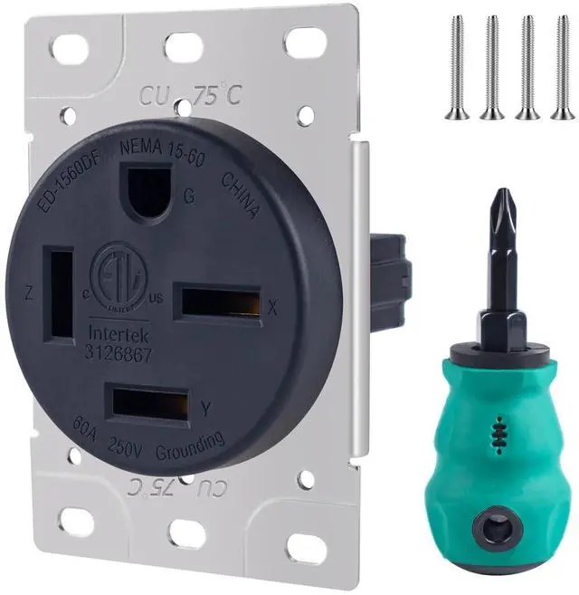 Main image of 8460 5760 NEMA 15-60R 60 Amp 3 Phase 250V Flush Mount Receptacle, Industrial Grade Straight Blade Outlet, ETL Listed, Grounding, Black