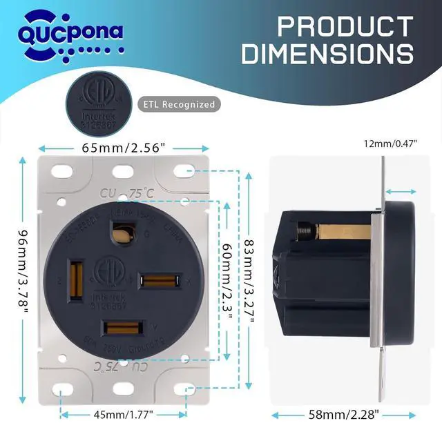 Alt view image 2 of 7 - 8460 5760 NEMA 15-60R 60 Amp 3 Phase 250V Flush Mount Receptacle, Industrial Grade Straight Blade Outlet, ETL Listed, Grounding, Black