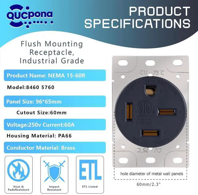 Alt view image 3 of 7 - 8460 5760 NEMA 15-60R 60 Amp 3 Phase 250V Flush Mount Receptacle, Industrial Grade Straight Blade Outlet, ETL Listed, Grounding, Black