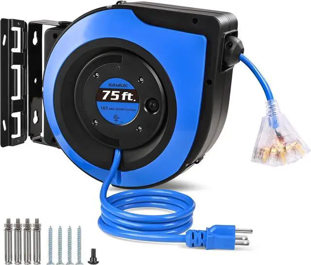 Main image of SURAIELEC Retractable Extension Cord Reel, 75 FT 14 AWG/3C SJTOW Power Cord, 3 Outlets Triple Tap, 10 AMP Circuit Breaker, Ceiling/Wall Mount, UL Listed
