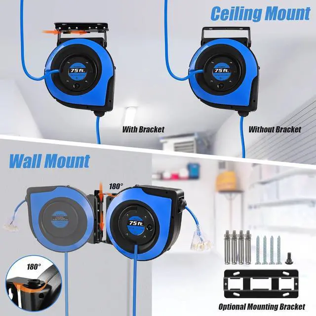 Alt view image 4 of 7 - SURAIELEC Retractable Extension Cord Reel, 75 FT 14 AWG/3C SJTOW Power Cord, 3 Outlets Triple Tap, 10 AMP Circuit Breaker, Ceiling/Wall Mount, UL Listed